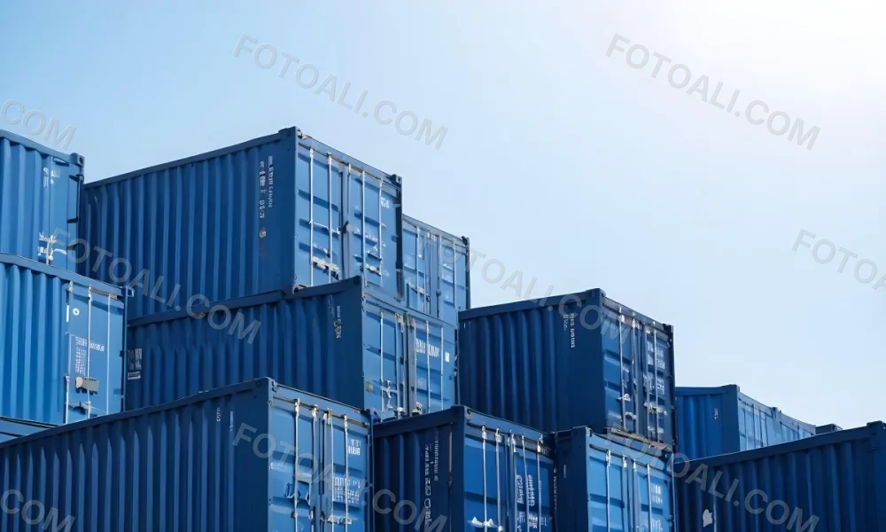 A Stack Of Blue Shipping Containers Arranged In A Staggered Formation Against A Clear Blue Sky Creating A Sense Of Industrial Scale And Logistical Complexity 4 Fcda