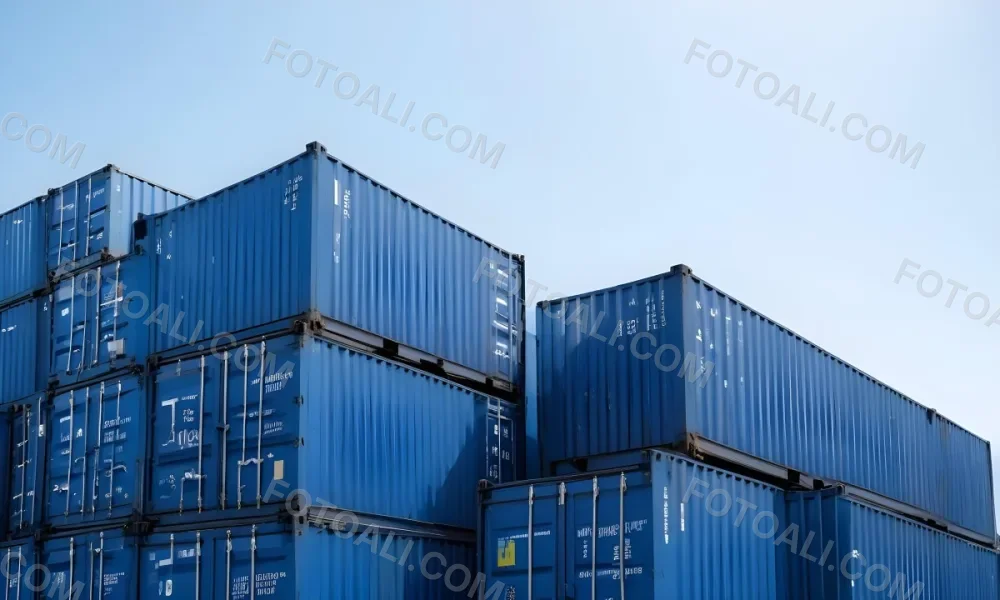 A Stack Of Blue Shipping Containers Arranged In A Staggered Formation Against A Clear Blue Sky Creating A Sense Of Industrial Scale And Logistical Complexity 5 C223