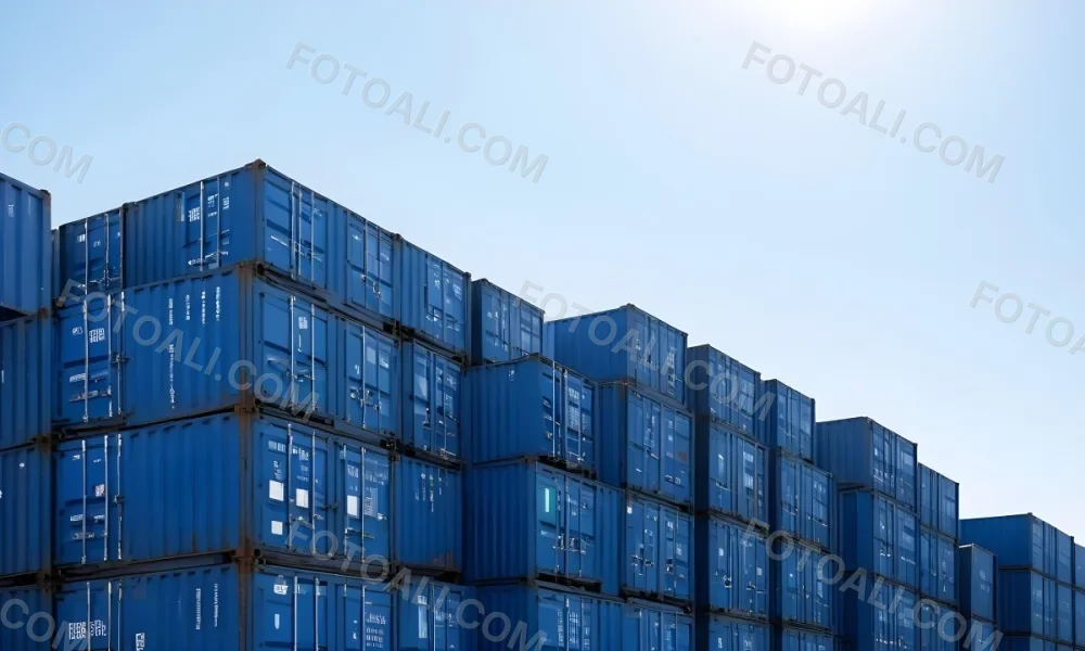 A Stack Of Blue Shipping Containers Arranged In A Staggered Formation Against A Clear Blue Sky Creating A Sense Of Industrial Scale And Logistical Complexity 6 Dbad