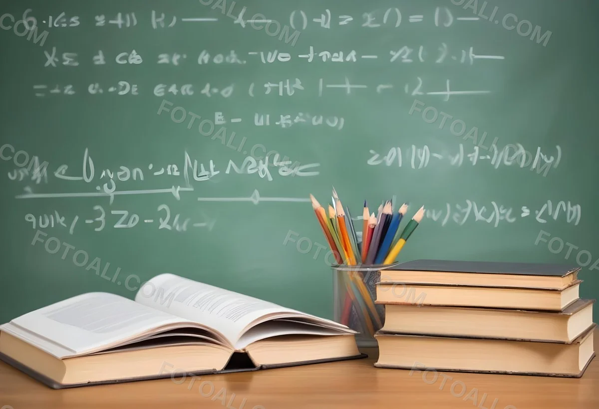 A Stack Of Books On A Desk In Front Of A Chalkboard With Mathematical Equations And Diagrams Written On It 7 7680 9c14