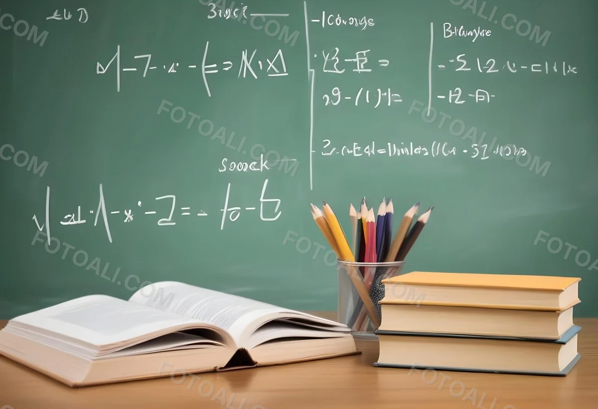 A Stack Of Books On A Desk In Front Of A Chalkboard With Mathematical Equations And Diagrams Written On It 9 8995 5ebf