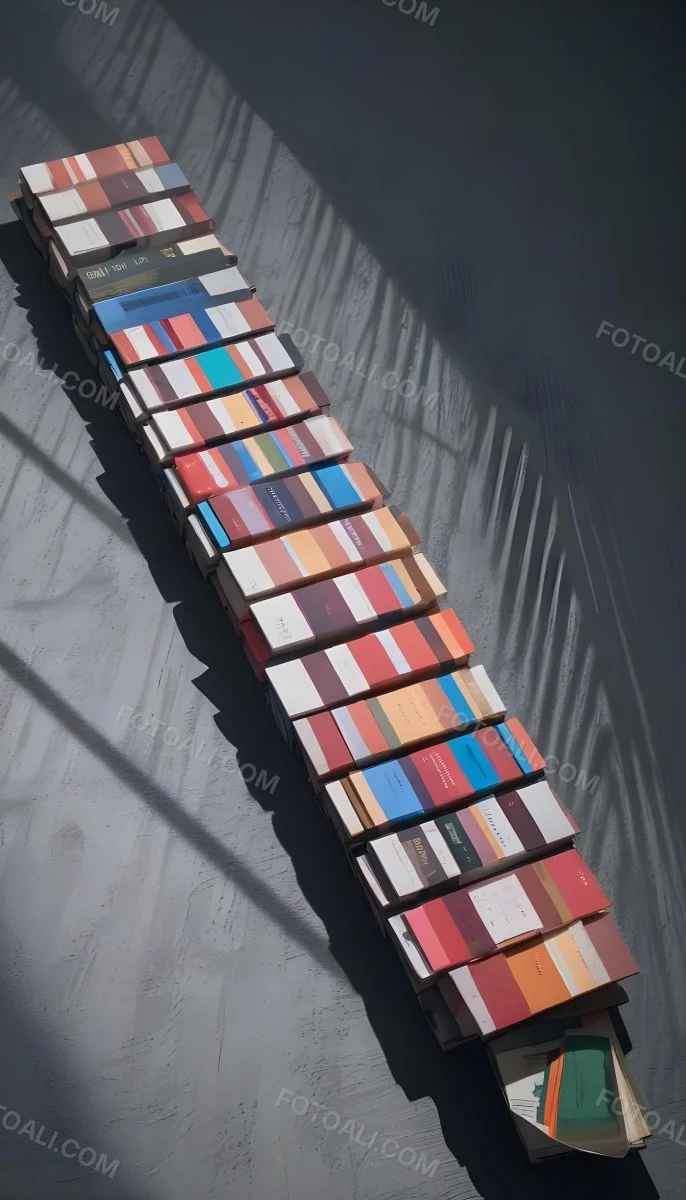 A Stack Of Colorful Books Or Magazines On A Wooden Surface With A Shadow Cast Across Them In Bright Sunlight 8 8771 229c