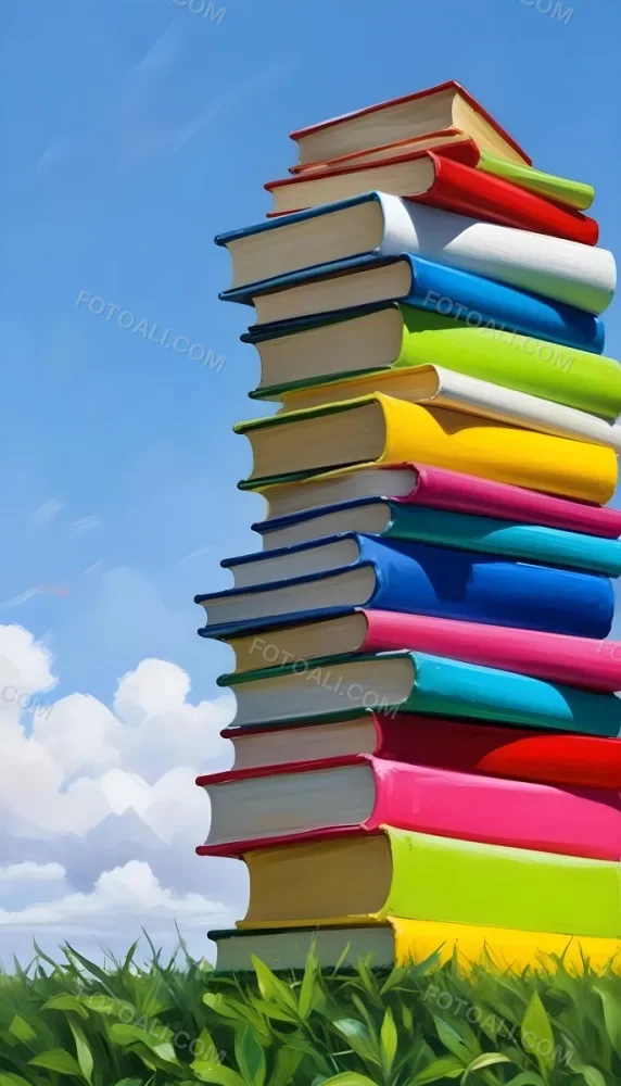 A Stack Of Colorful Books The Books Are Red Pink Yellow Green Blue And White In The Background A Blue Sky With Clouds 18 8628 D357