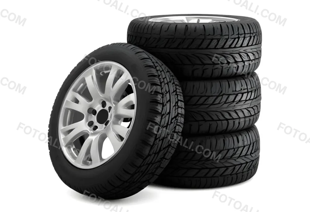 A Stack Of Four Black Tires With Black Rims One Tire Is Leaning Against The Stack The Background Is Black 11 63b7