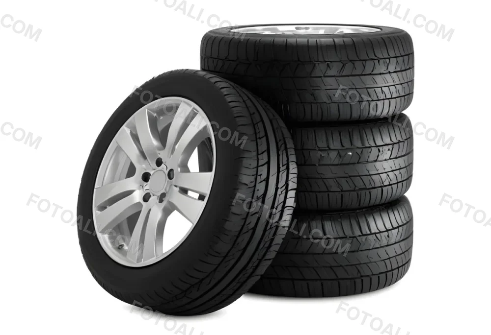 A Stack Of Four Black Tires With Black Rims One Tire Is Leaning Against The Stack The Background Is Black 15 76cb