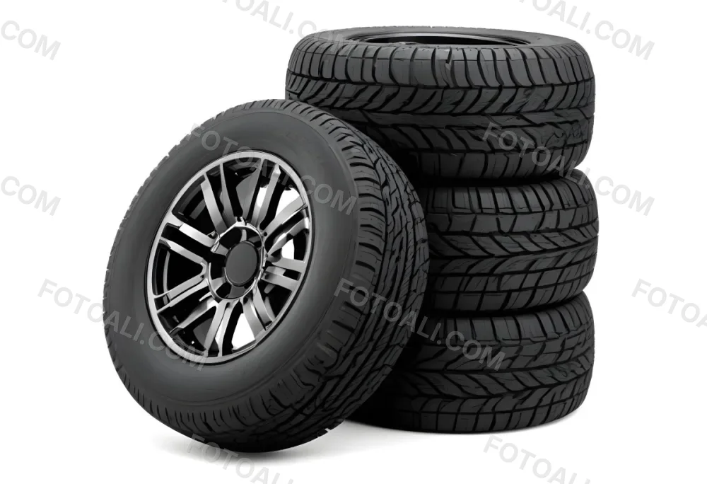 A Stack Of Four Black Tires With Black Rims One Tire Is Leaning Against The Stack The Background Is Black 2 E4f2