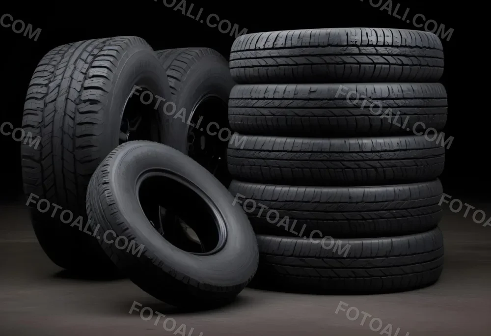 A Stack Of Four Black Tires With Black Rims One Tire Is Leaning Against The Stack The Background Is Black 23 3579