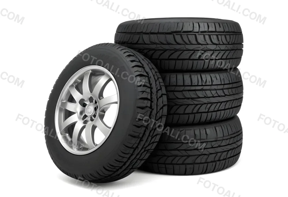 A Stack Of Four Black Tires With Black Rims One Tire Is Leaning Against The Stack The Background Is Black 29 Faf5