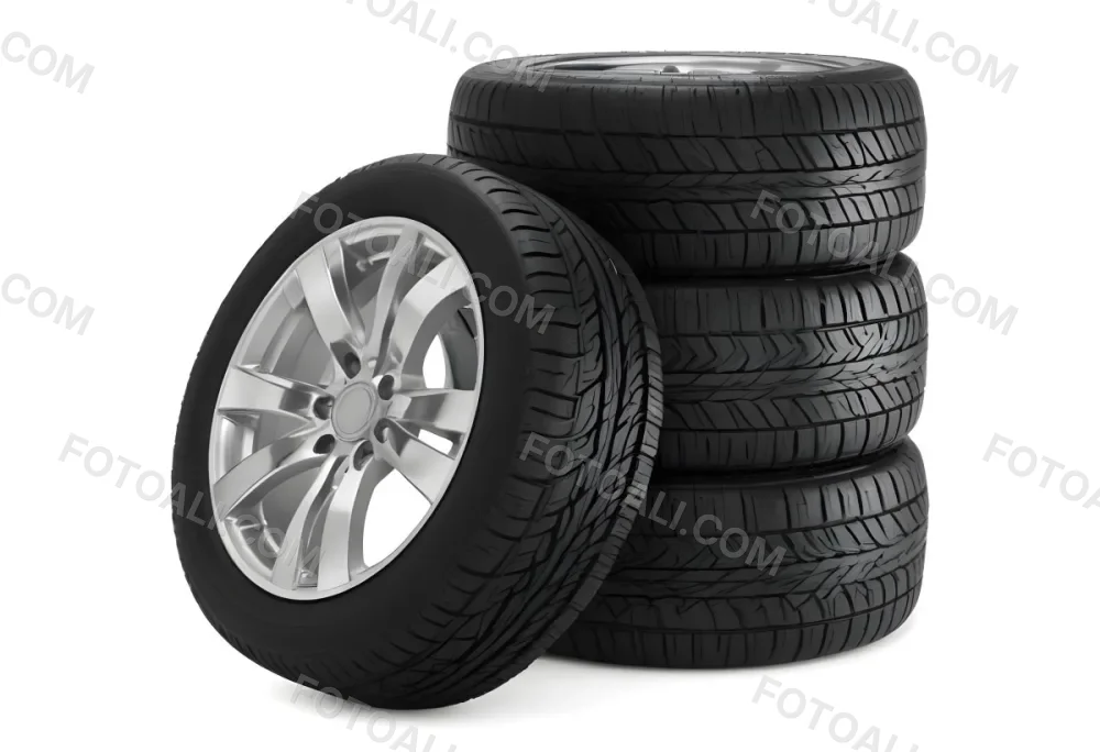 A Stack Of Four Black Tires With Black Rims One Tire Is Leaning Against The Stack The Background Is Black 32 D6f4