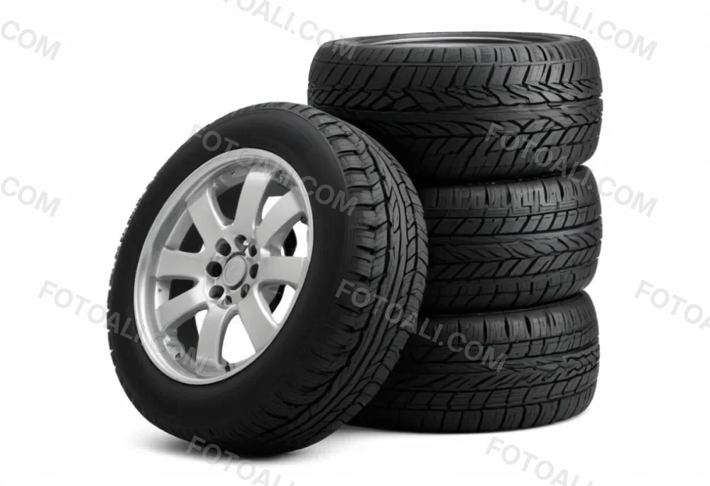 A Stack Of Four Black Tires With Black Rims One Tire Is Leaning Against The Stack The Background Is Black 4 Edd3