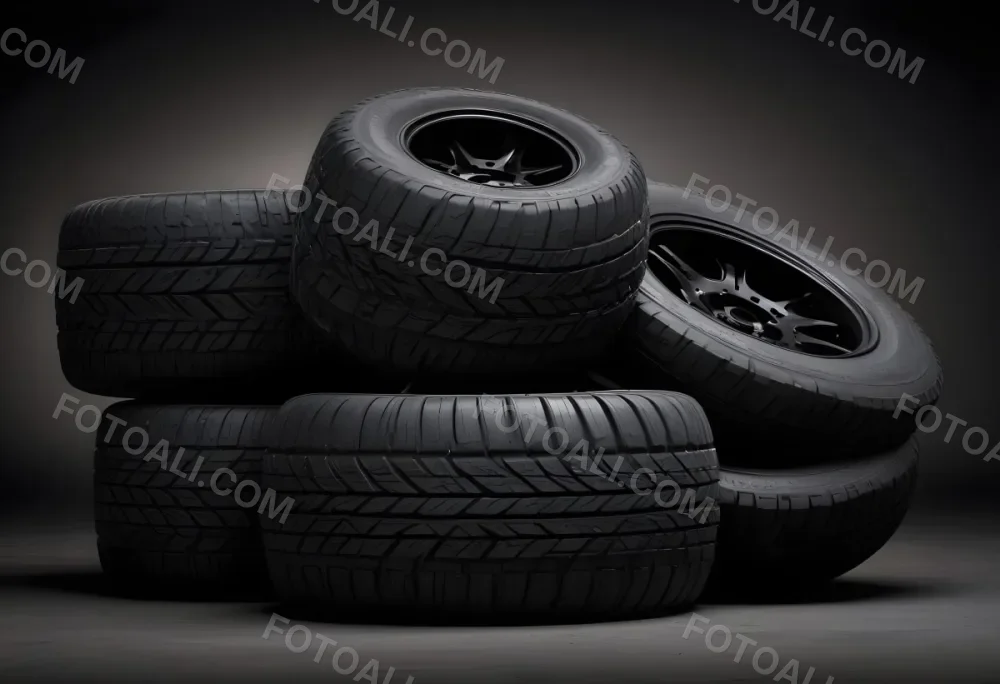 A Stack Of Four Black Tires With Black Rims One Tire Is Leaning Against The Stack The Background Is Black 6 12c9