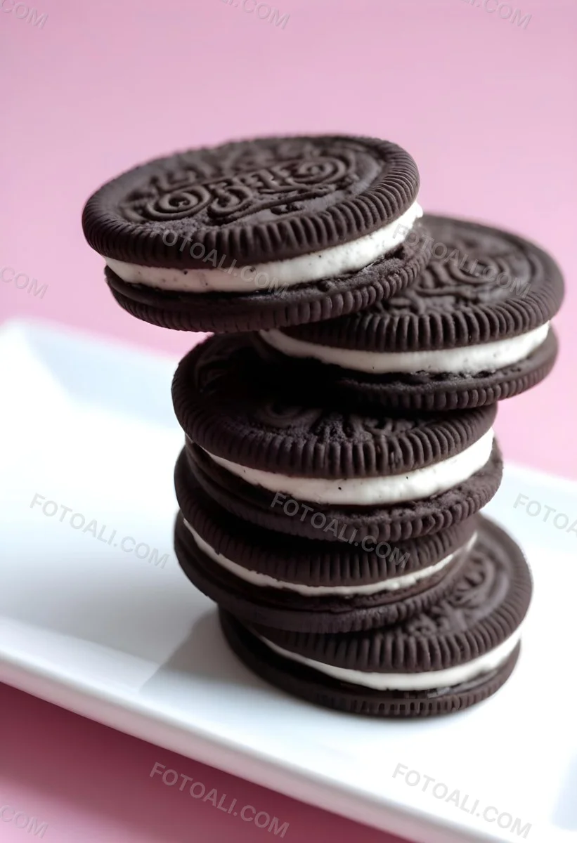 A Stack Of Oreo Cookies On A White Plate Against A Pink Background 2