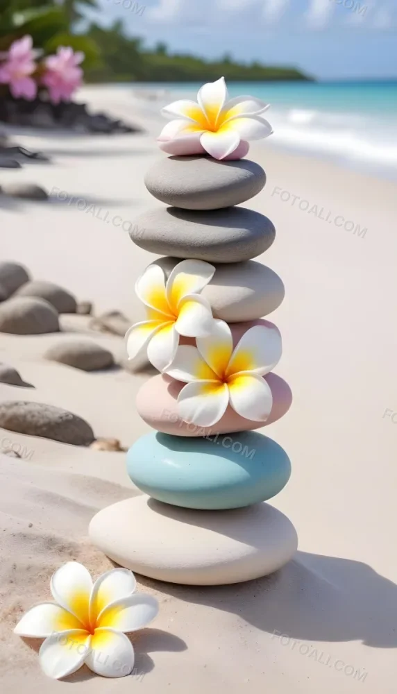 A Stack Of Smooth Pastel Colored Stones On A Beach With A Plumeria Flower Representing Balance And Tranquility 334 B8cb