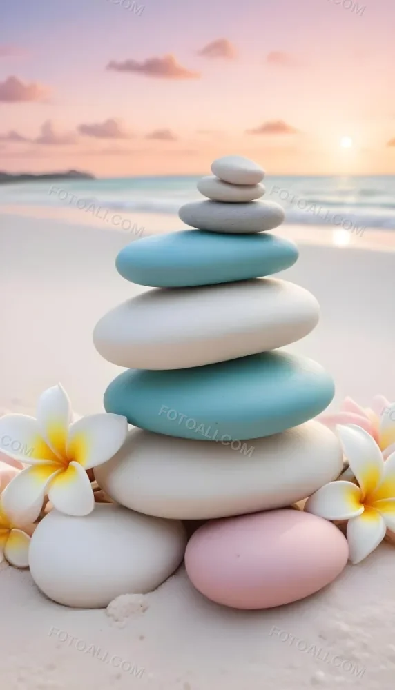 A Stack Of Smooth Pastel Colored Stones On A Beach With A Plumeria Flower Representing Balance And Tranquility 503 Ef65