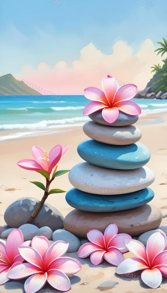 A Stack Of Smooth Pastel Colored Stones On A Beach With A Plumeria Flower Representing Balance And Tranquility 57 8048