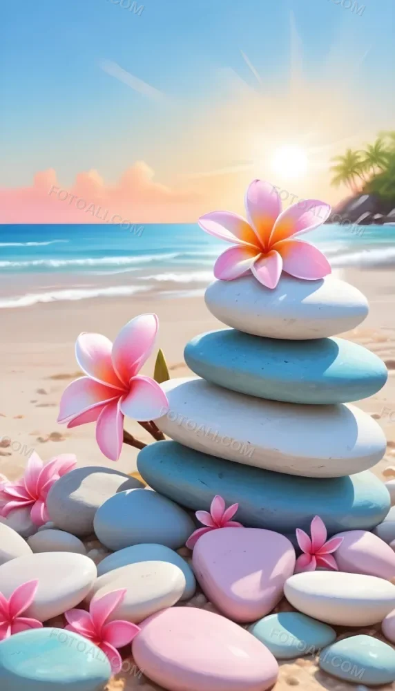 A Stack Of Smooth Pastel Colored Stones On A Beach With A Plumeria Flower Representing Balance And Tranquility 60 A2c4