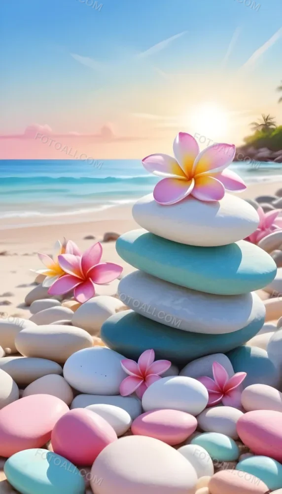 A Stack Of Smooth Pastel Colored Stones On A Beach With A Plumeria Flower Representing Balance And Tranquility 67 0c63