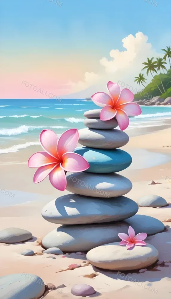 A Stack Of Smooth Pastel Colored Stones On A Beach With A Plumeria Flower Representing Balance And Tranquility 72 425f