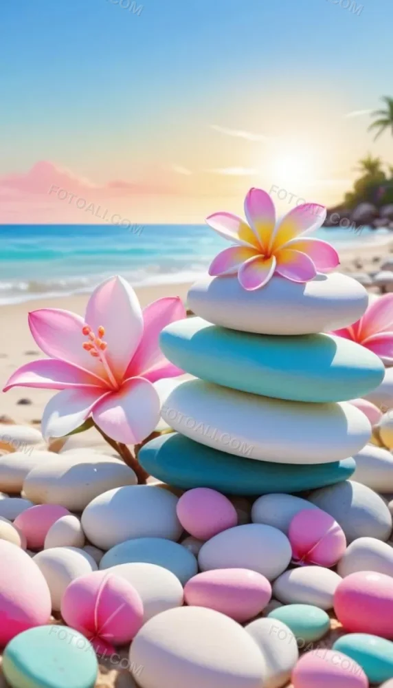 A Stack Of Smooth Pastel Colored Stones On A Beach With A Plumeria Flower Representing Balance And Tranquility 77 3972