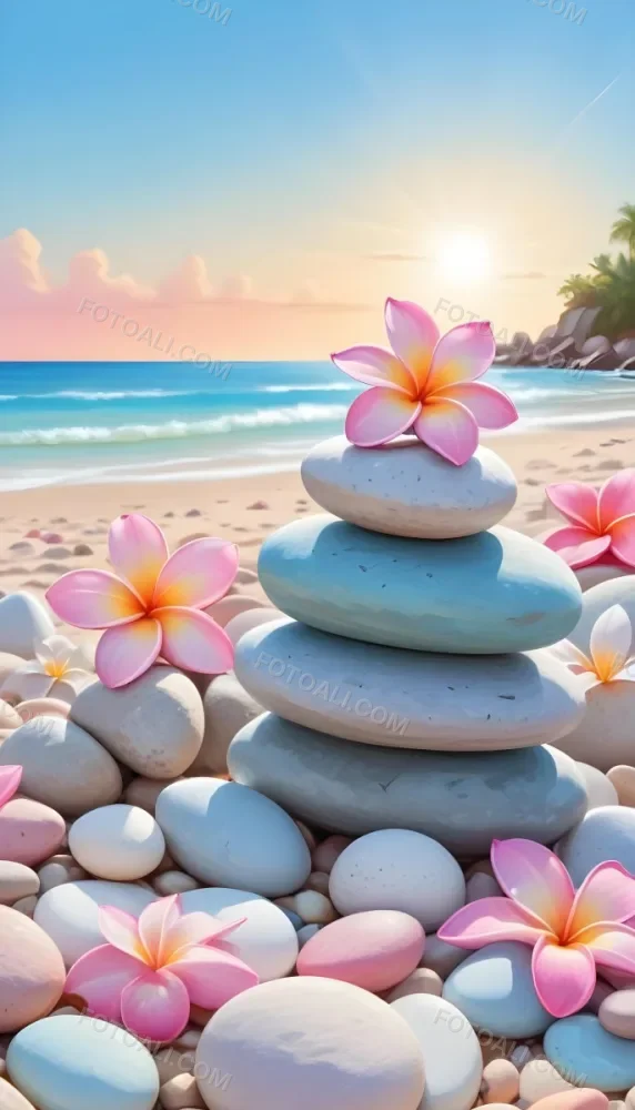 A Stack Of Smooth Pastel Colored Stones On A Beach With A Plumeria Flower Representing Balance And Tranquility 78 Dc47