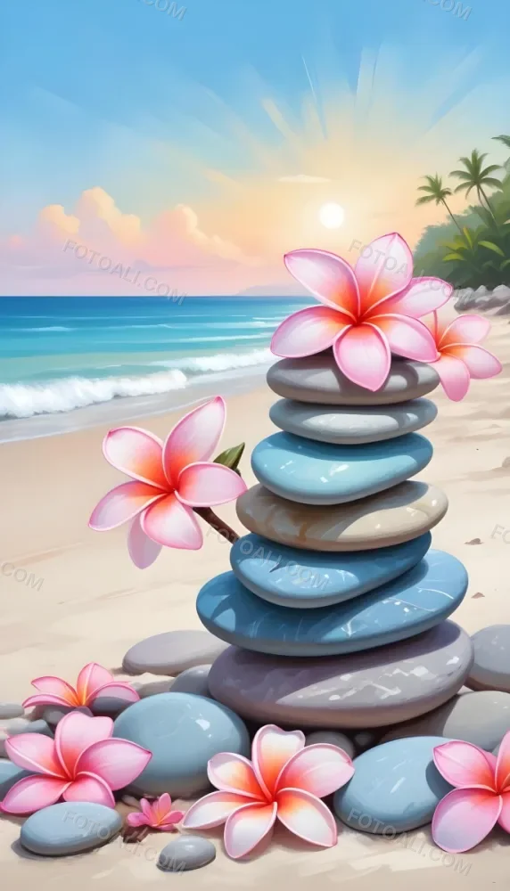 A Stack Of Smooth Pastel Colored Stones On A Beach With A Plumeria Flower Representing Balance And Tranquility 81 304c