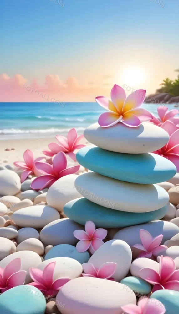 A Stack Of Smooth Pastel Colored Stones On A Beach With A Plumeria Flower Representing Balance And Tranquility 83 2bc3
