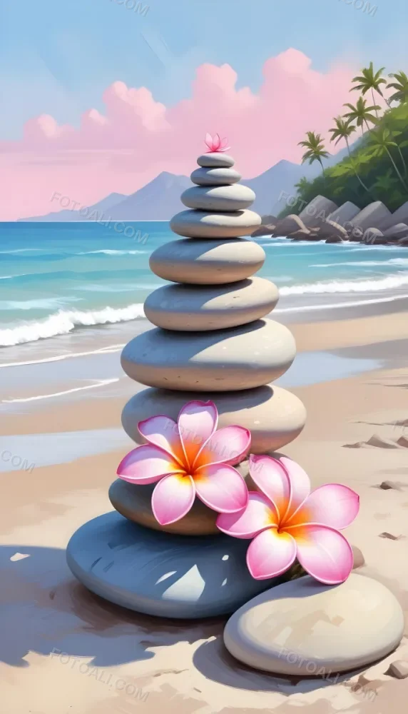 A Stack Of Smooth Pastel Colored Stones On A Beach With A Plumeria Flower Representing Balance And Tranquility 9 Cb28
