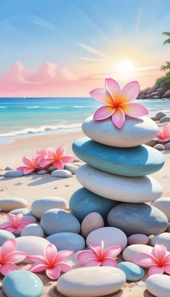 A Stack Of Smooth Pastel Colored Stones On A Beach With A Plumeria Flower Representing Balance And Tranquility 91 A0ad