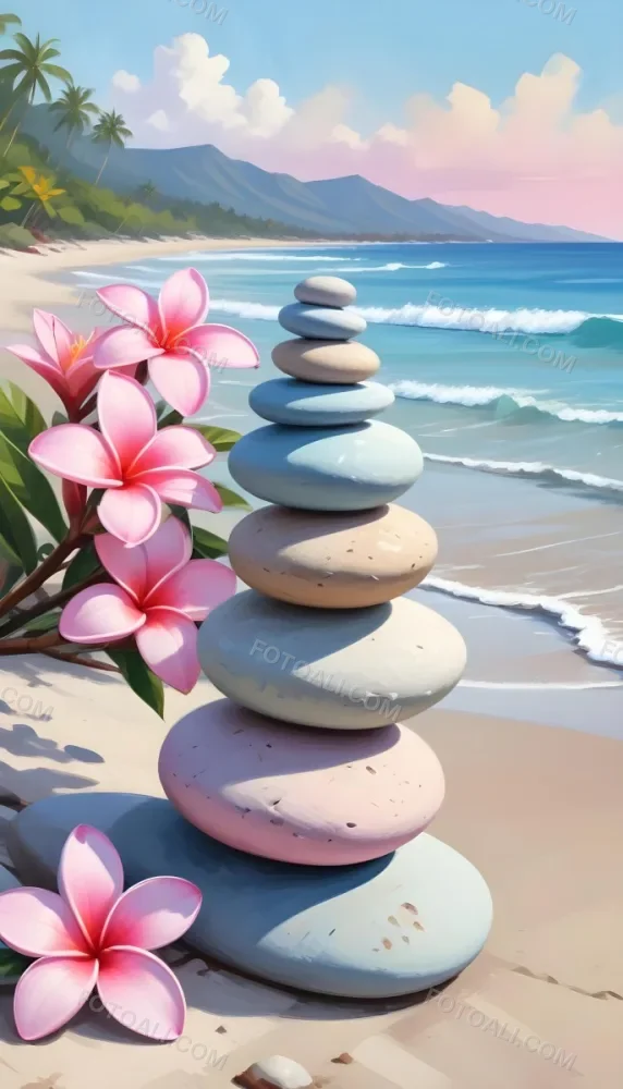 A Stack Of Smooth Pastel Colored Stones On A Beach With A Plumeria Flower Representing Balance And Tranquility 95 0ad9