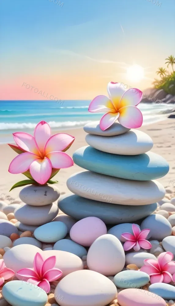 A Stack Of Smooth Pastel Colored Stones On A Beach With A Plumeria Flower Representing Balance And Tranquility 97 75d9