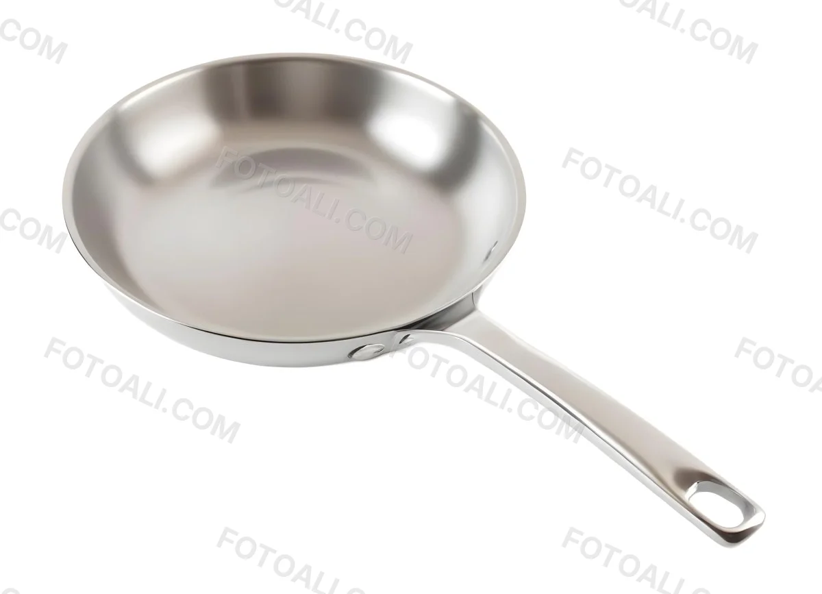 A Stainless Steel Frying Pan With A Long Handle Shiny Surface And A Hole At The End Of The Handle Isolated On White Background 10 6171