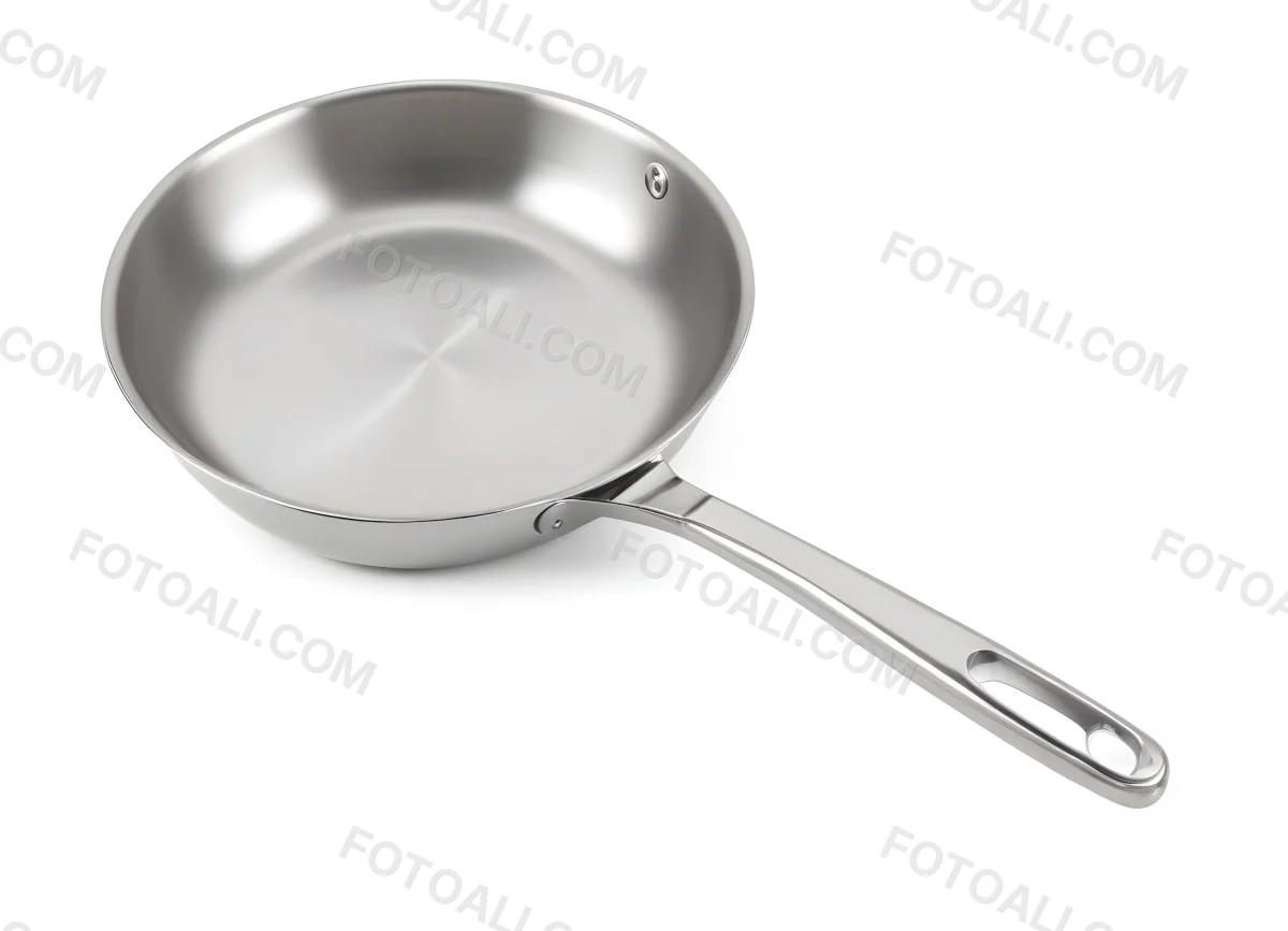 A Stainless Steel Frying Pan With A Long Handle Shiny Surface And A Hole At The End Of The Handle Isolated On White Background 13 4c2b