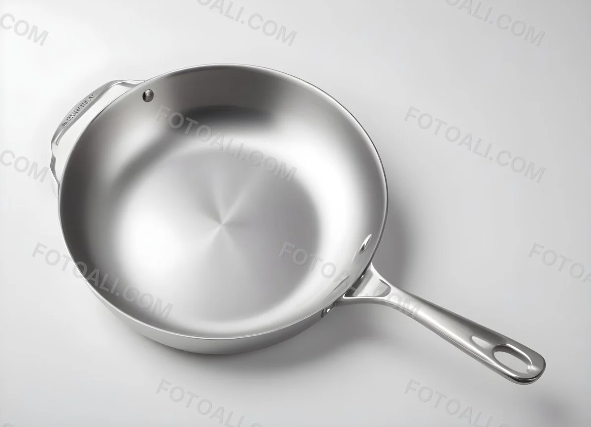A Stainless Steel Frying Pan With A Long Handle Shiny Surface And A Hole At The End Of The Handle Isolated On White Background 14 Bf7b