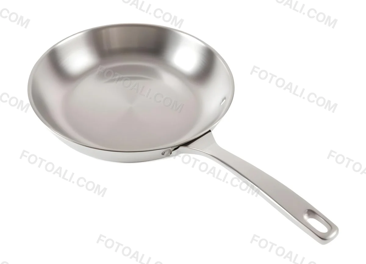 A Stainless Steel Frying Pan With A Long Handle Shiny Surface And A Hole At The End Of The Handle Isolated On White Background 16 88ee