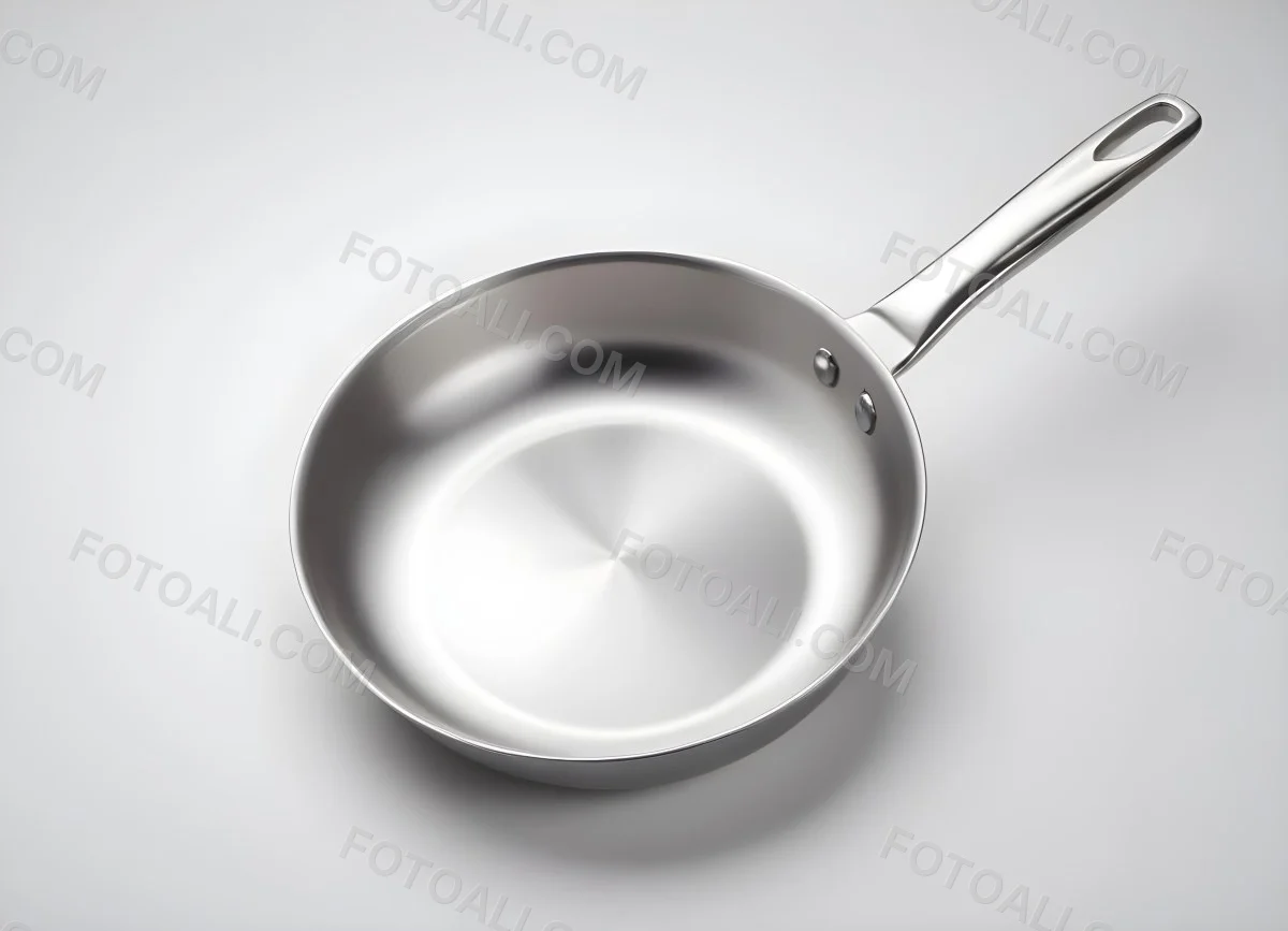 A Stainless Steel Frying Pan With A Long Handle Shiny Surface And A Hole At The End Of The Handle Isolated On White Background 17 D973