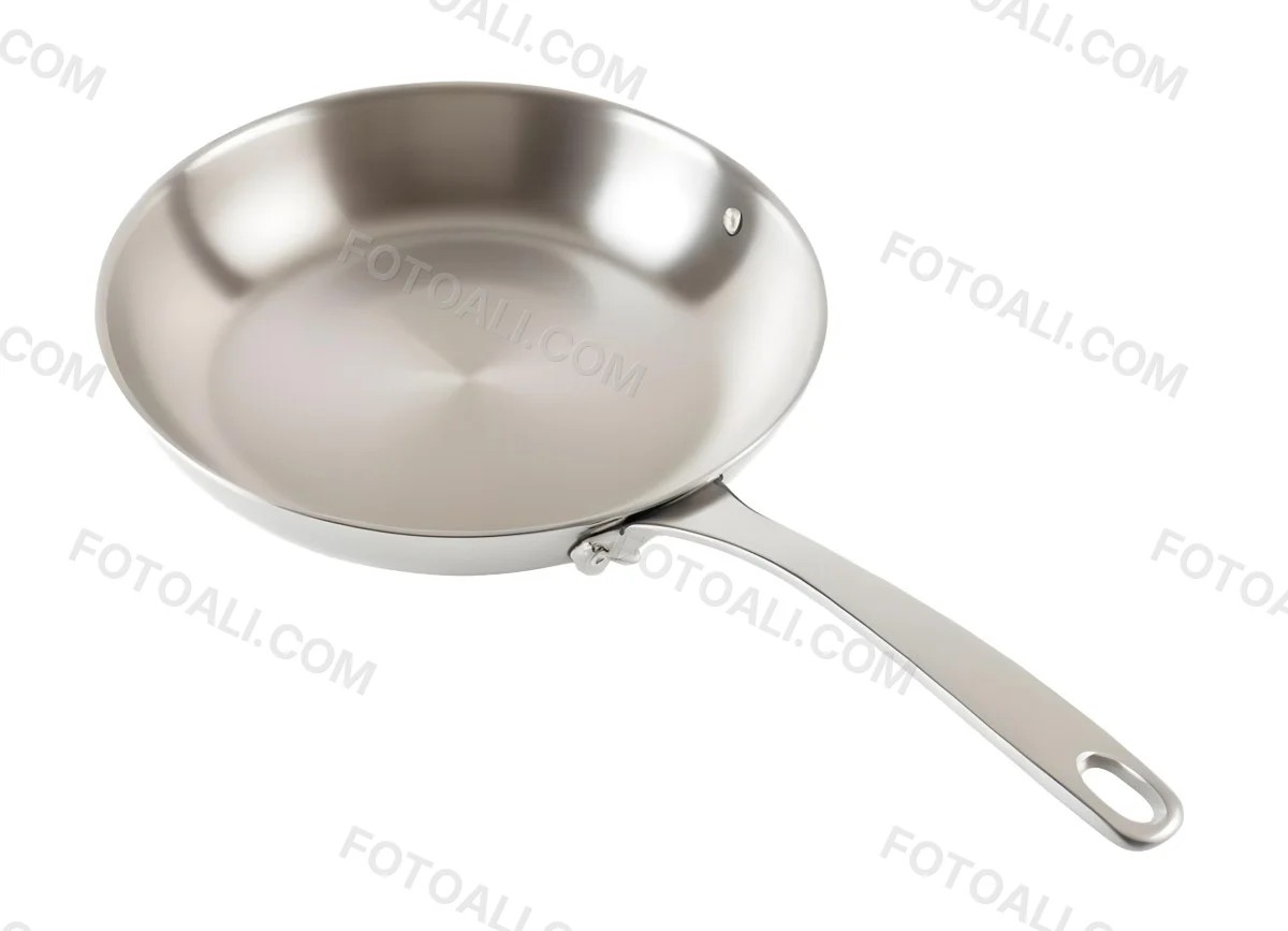A Stainless Steel Frying Pan With A Long Handle Shiny Surface And A Hole At The End Of The Handle Isolated On White Background 2 Ed77