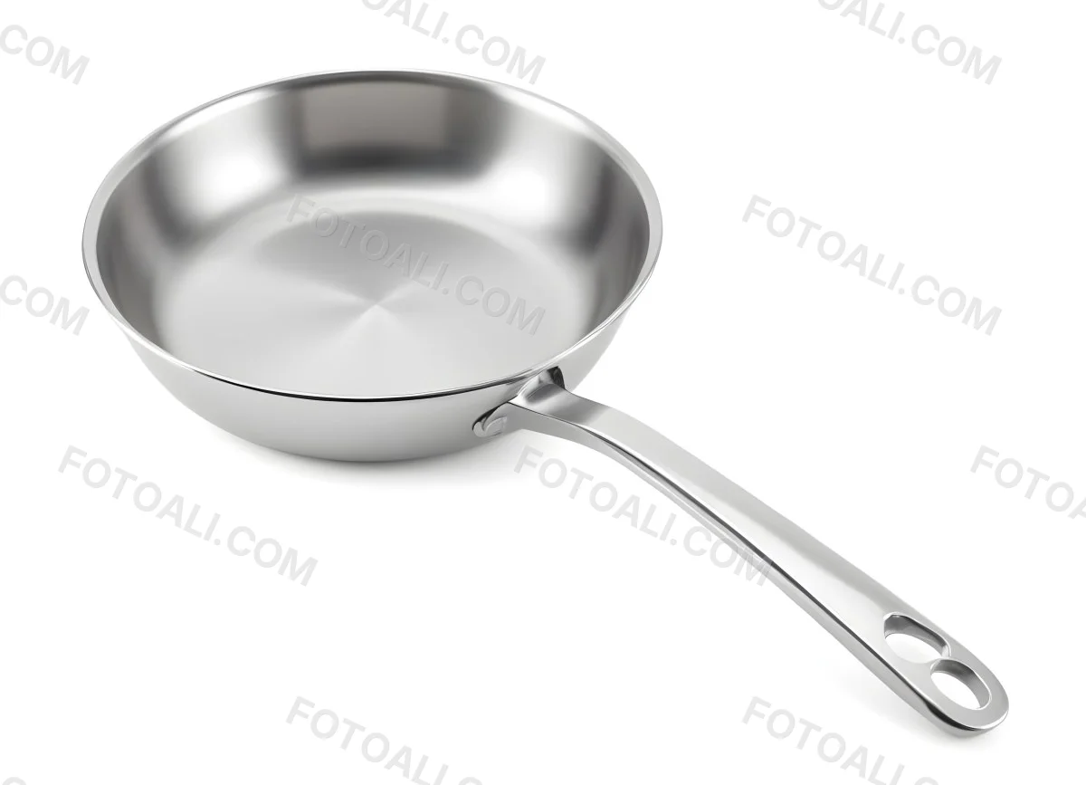 A Stainless Steel Frying Pan With A Long Handle Shiny Surface And A Hole At The End Of The Handle Isolated On White Background 23 6e8d