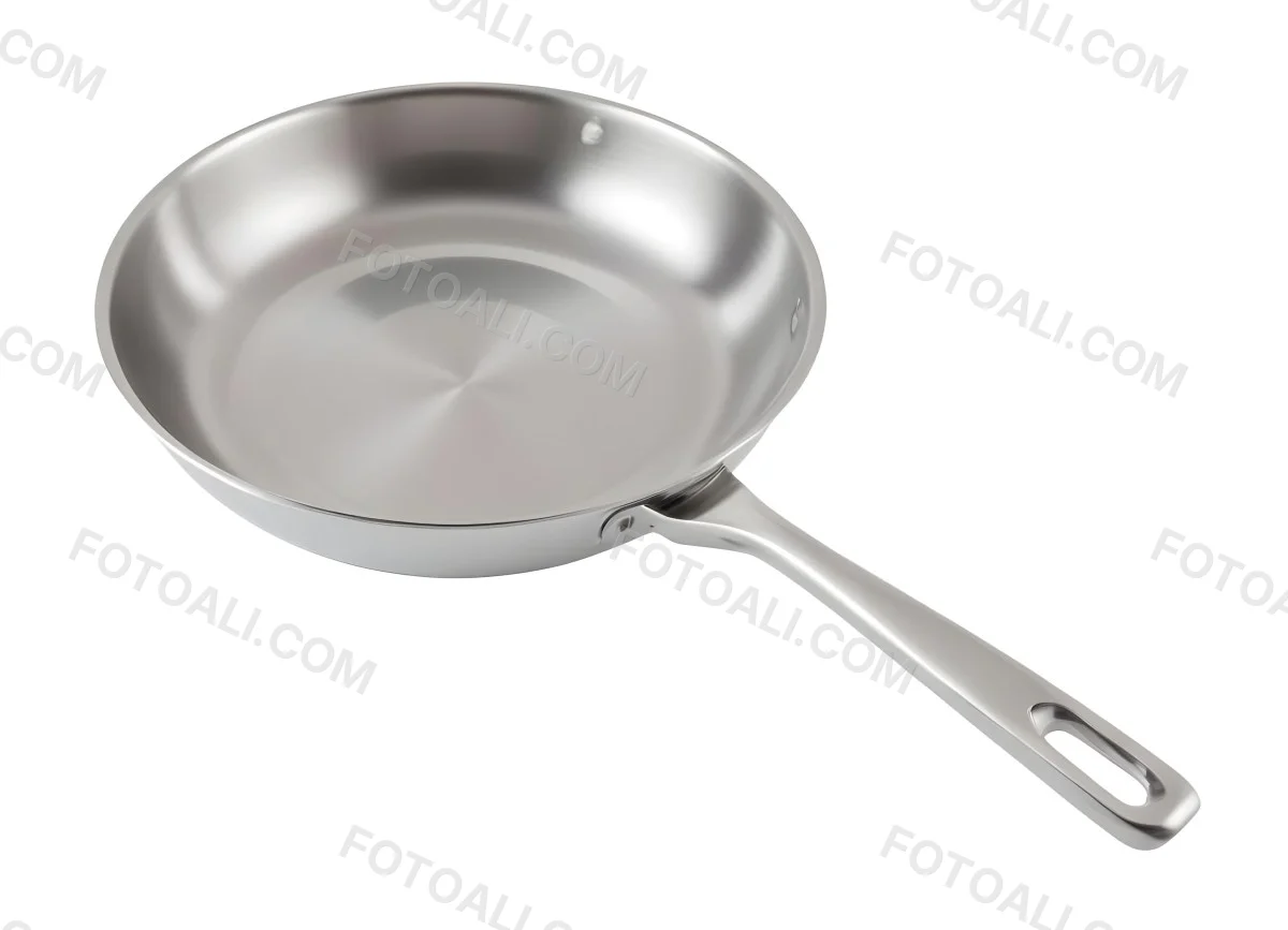 A Stainless Steel Frying Pan With A Long Handle Shiny Surface And A Hole At The End Of The Handle Isolated On White Background 25 586c