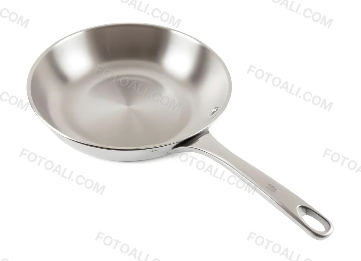 A Stainless Steel Frying Pan With A Long Handle Shiny Surface And A Hole At The End Of The Handle Isolated On White Background 26 2e0e