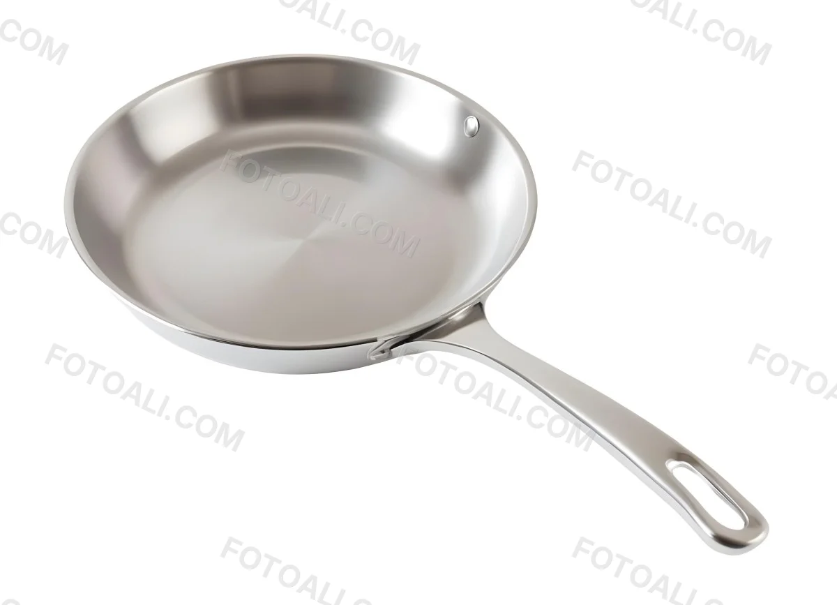 A Stainless Steel Frying Pan With A Long Handle Shiny Surface And A Hole At The End Of The Handle Isolated On White Background 28 7b4c