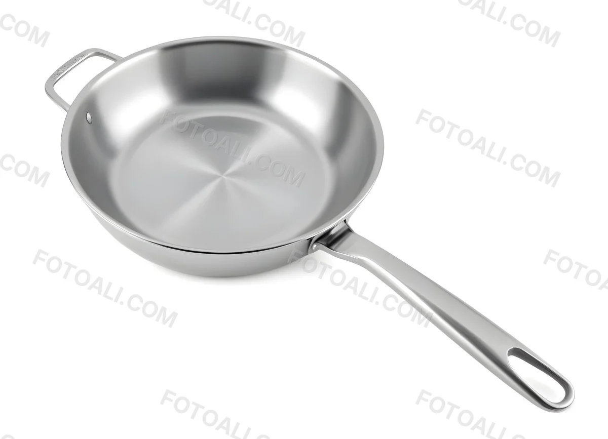 A Stainless Steel Frying Pan With A Long Handle Shiny Surface And A Hole At The End Of The Handle Isolated On White Background 3 3ef3