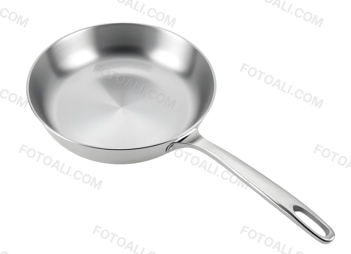 A Stainless Steel Frying Pan With A Long Handle Shiny Surface And A Hole At The End Of The Handle Isolated On White Background 5 7e92