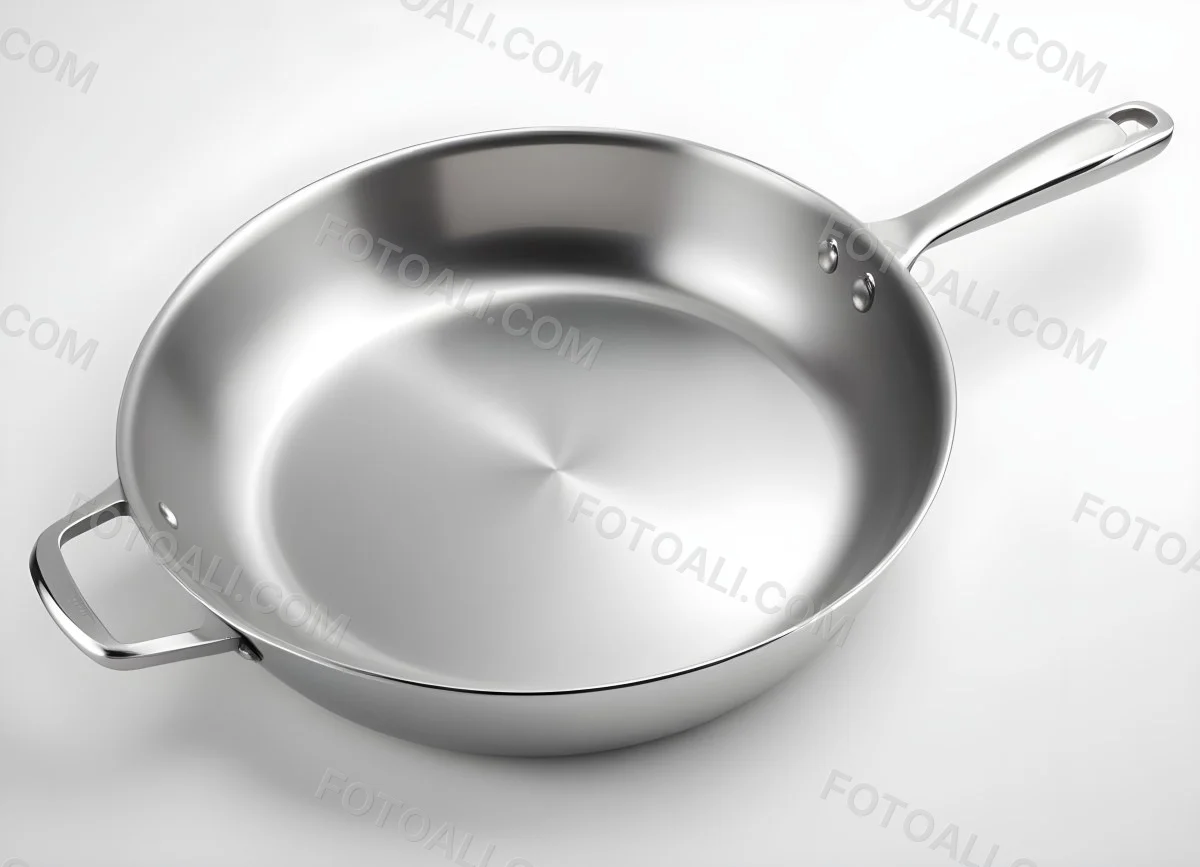 A Stainless Steel Frying Pan With A Long Handle Shiny Surface And A Hole At The End Of The Handle Isolated On White Background 9 F87d