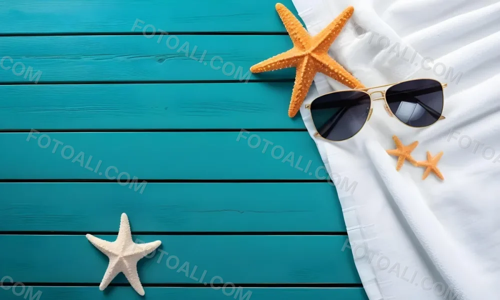 A Starfish And Sunglasses On A White Towel On A White Wooden Surface Beach Vacation Concept Summer Vacation Tropical Bright Colors High Angle View 1 C058