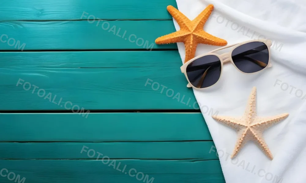 A Starfish And Sunglasses On A White Towel On A White Wooden Surface Beach Vacation Concept Summer Vacation Tropical Bright Colors High Angle View 2 511c