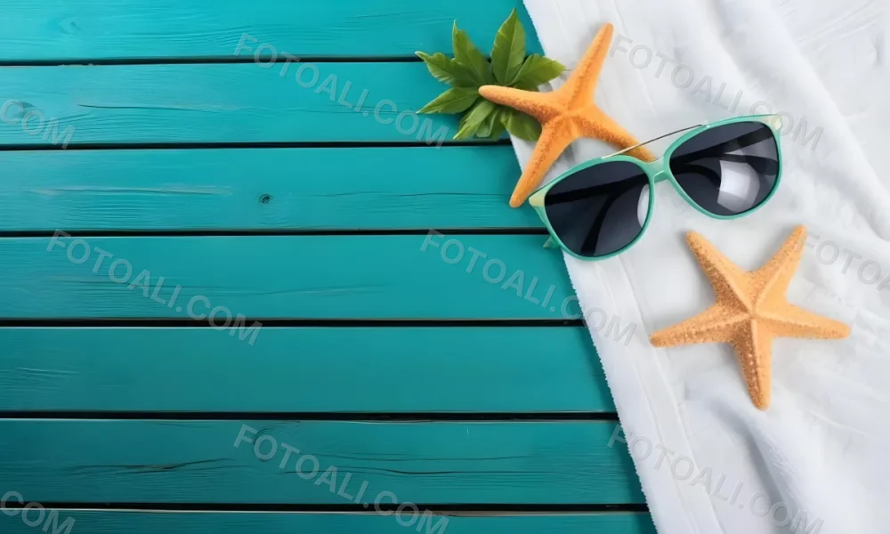 A Starfish And Sunglasses On A White Towel On A White Wooden Surface Beach Vacation Concept Summer Vacation Tropical Bright Colors High Angle View 3 D28b