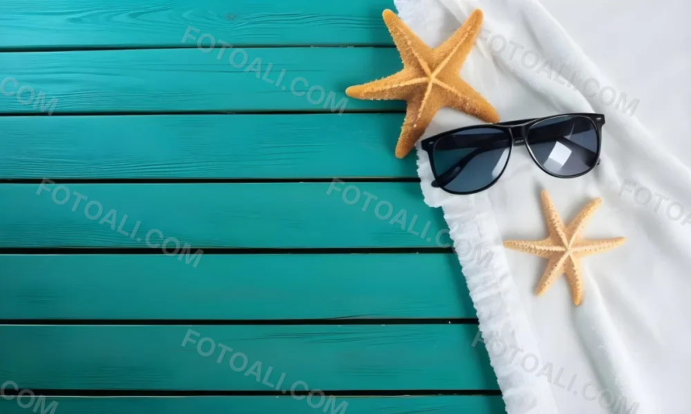 A Starfish And Sunglasses On A White Towel On A White Wooden Surface Beach Vacation Concept Summer Vacation Tropical Bright Colors High Angle View 5 D291
