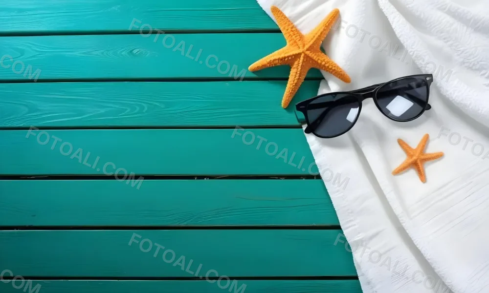 A Starfish And Sunglasses On A White Towel On A White Wooden Surface Beach Vacation Concept Summer Vacation Tropical Bright Colors High Angle View 6 6761