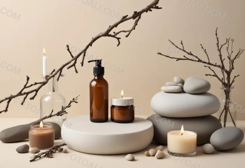 A Still Life Arrangement Featuring Various Natural Elements Such As Stones Branches And Candles Along With Skincare And Beauty Products In Glass And Ceramic Containers 1 0f7a
