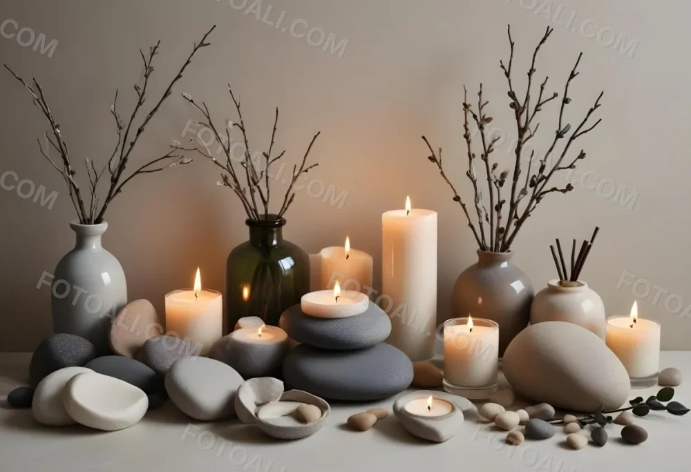 A Still Life Arrangement Featuring Various Natural Elements Such As Stones Branches And Candles Along With Skincare And Beauty Products In Glass And Ceramic Containers 1 2e8e
